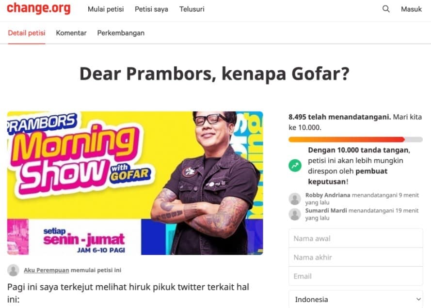 Petisi tolak Gofar Hilman gabung Prambors di Change.org.