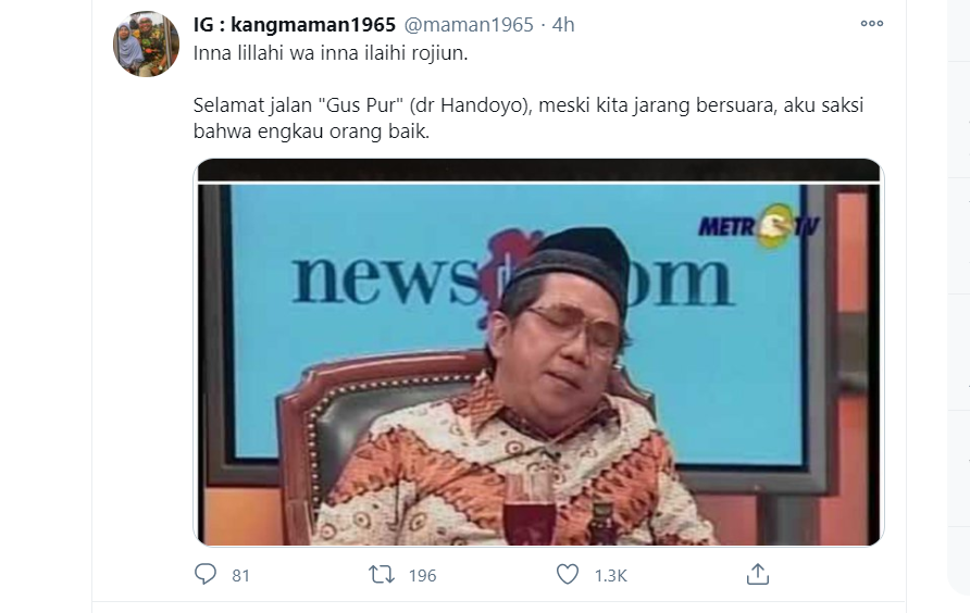 Kabar Meninggalnya Gus Pur dari Postingan Twitter Kang Maman (Foto: @maman1965)