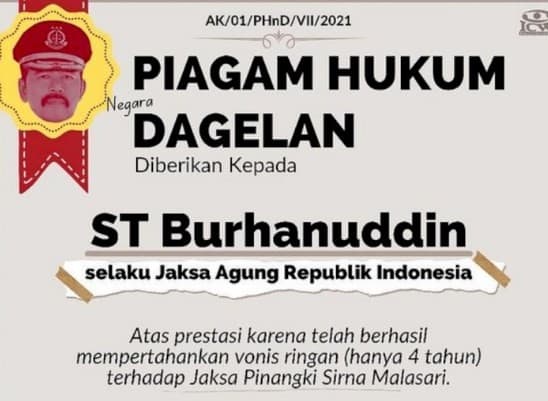 Piagam hukum dagelan untuk Jaksa Agung ST Burhanuddin (Foto: Instagram/sahabaticw)