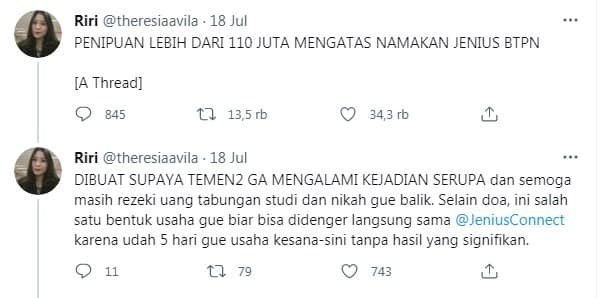 Nasabah kehilangan uang Rp 110 juta dari Jenius Bank BTPN. (Foto: Twitter)
