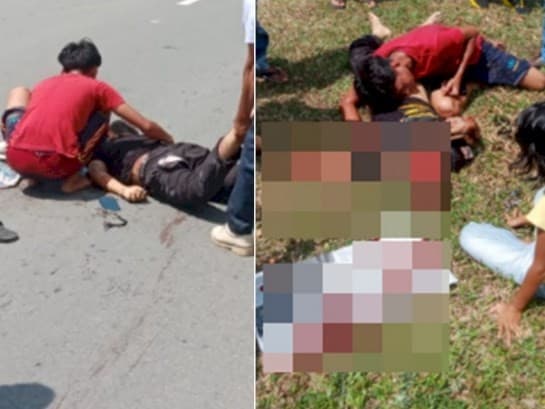 Foto viral 2 bocah tangisi jasad ayahnya yang bersimbah darah di jalanan. (Foto: Istimewa)