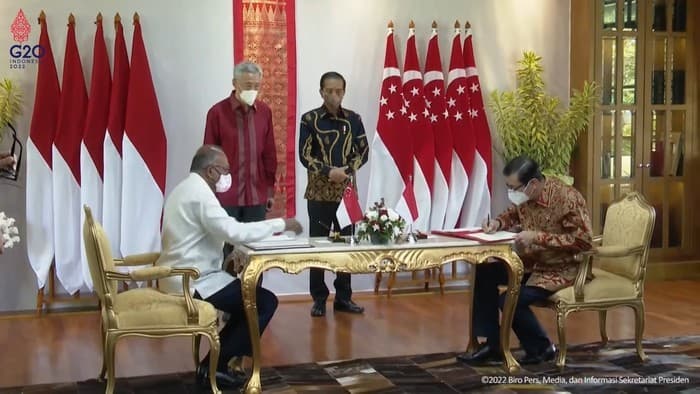 Perjanjian ekstradisi antara Indonesia dan Singapura resmi diteken di The Sanchaya Resort Bintan, Kabupaten Bintan, Provinsi Kepulauan Riau, Selasa 25 Januari 2022. (Foto: dok. Sekretariat Presiden RI)