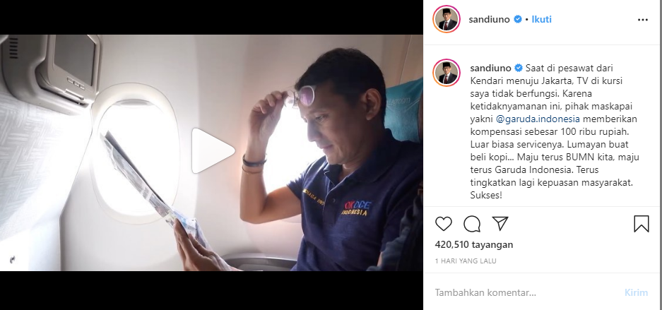 Sandiaga Uno Dapat Rp 100 Ribu dari Garuda (Foto:instagram)
