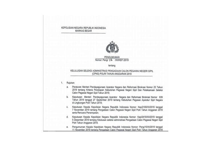 Hasil seleksi administrasi CPNS Polri 2019 (Foto: Istimewa)