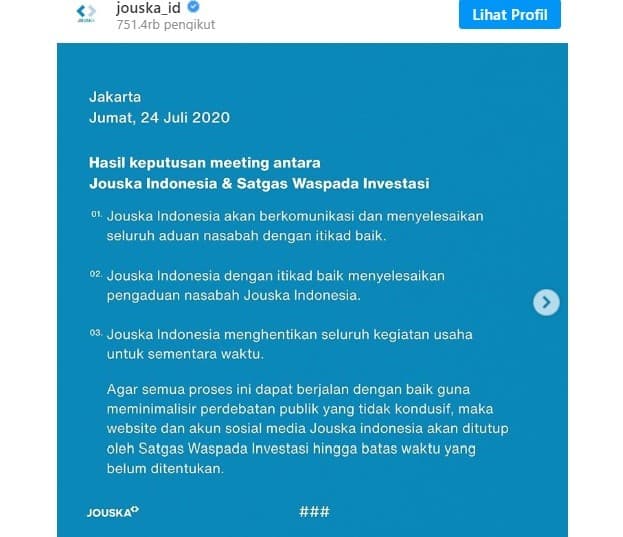 Pernyataan resmi Jouska yang tutup sementara