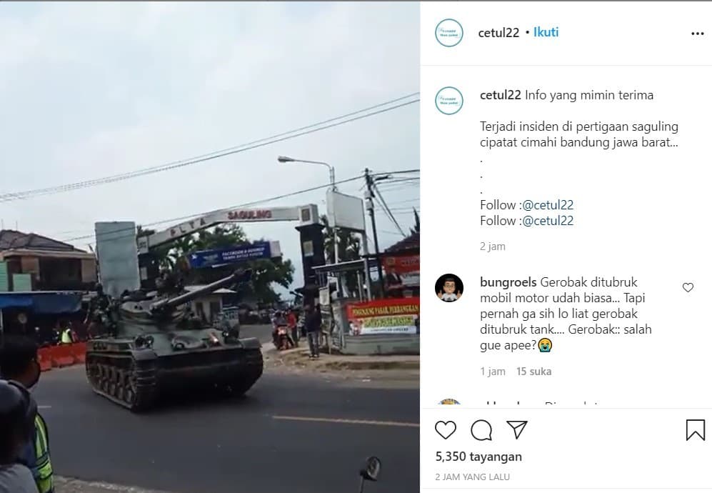 Viral Tank TNI AD Seruduk Gerobak Tahu Goreng dan 4 Motor di Bandung, Ini Videonya