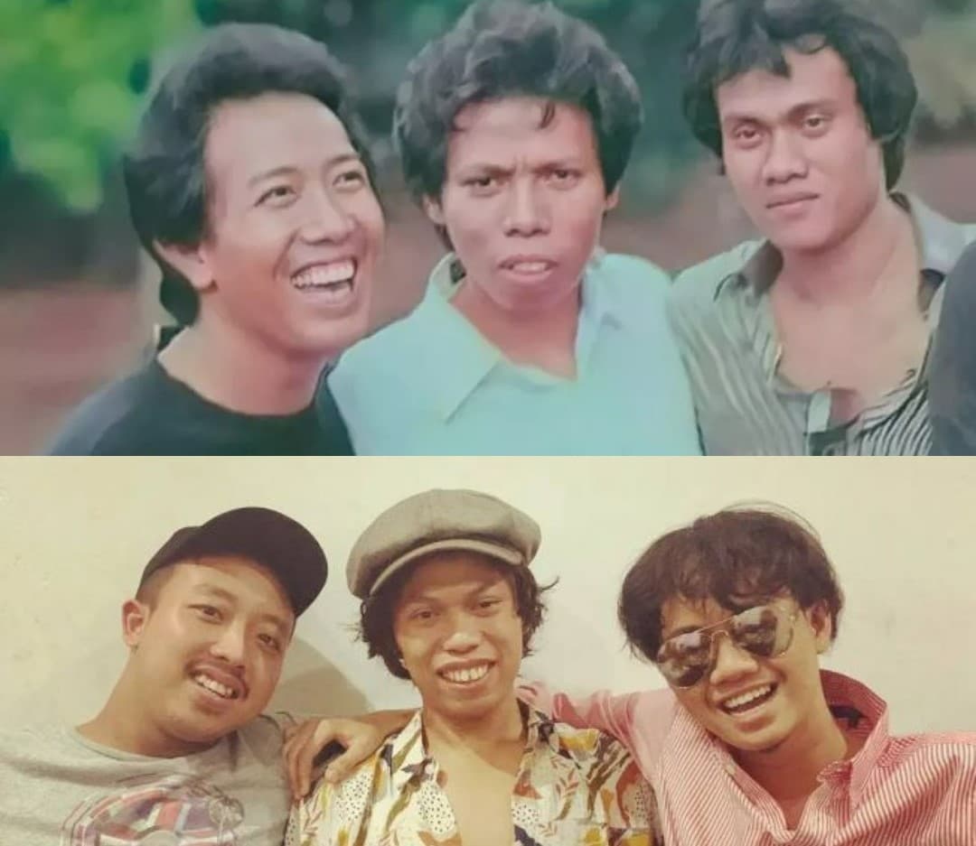 Personel Warkop DKI: Indro, Dono, dan Kasino (atas) dan personel Warkopi: Sepriadi Chaniago, Alfred atau Dimas dan Alfin Dwi Krisnandi. 
