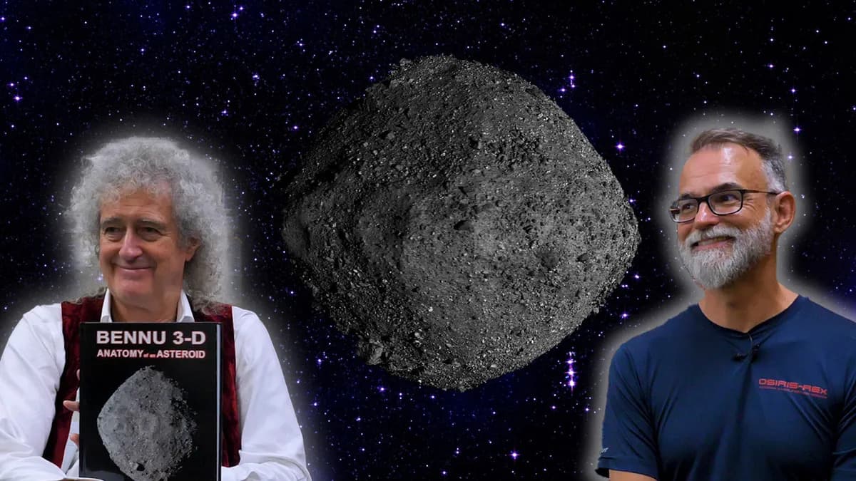 Gitaris Queen Bryan May (kiri) dan ilmuwan NASA Dante Lauretta dalam peluncuran buku Bennu: 3-D Anatomy of an Asteroid di London, Kamis 27 Juli. Foto: IFLScience & NASA's Goddard Space Flight Center/Scientific Visualization Studio