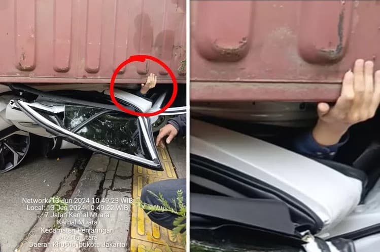 Detik-detik Hyundai Creta Tertimpa Truk Kontainer di Jakut. (Foto: X @otolasak4)