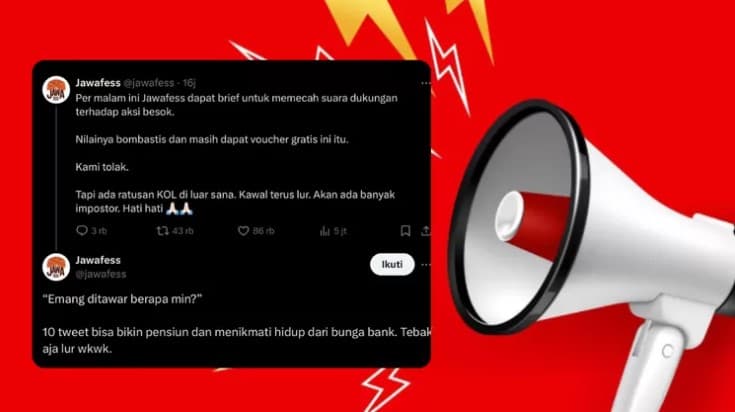 Heboh Akun X 'Speak Up' Ditawari Jadi Buzzer untuk Pecah Suara Dukungan Aksi Demo RUU Pilkada. (Foto: X/@jawafess)