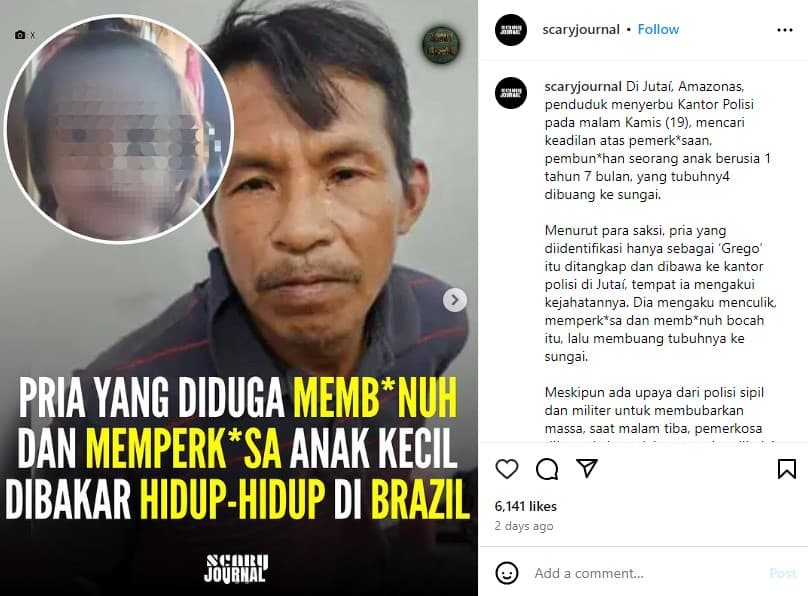 Pria di Brazil Dihajar Massa hingga Dibakar Hidup-hidup Gegara Rudapaksa dan Bunuh Balita 1 Tahun. (Foto: Scary Journal)