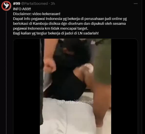 Viral Pekerja Migran Indonesia di Perusahaan Judol Kamboja Disiksa oleh Sesama WNI, Korban Dipukuli hingga Disetrum. (Foto: @PartaiSocmed)