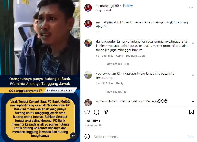Viral Aksi Arogan Diduga Debt Collector Bank Mega Tagih Utang ke Anak Nasabah. (Foto: Instagram/@mamahpinjol00)