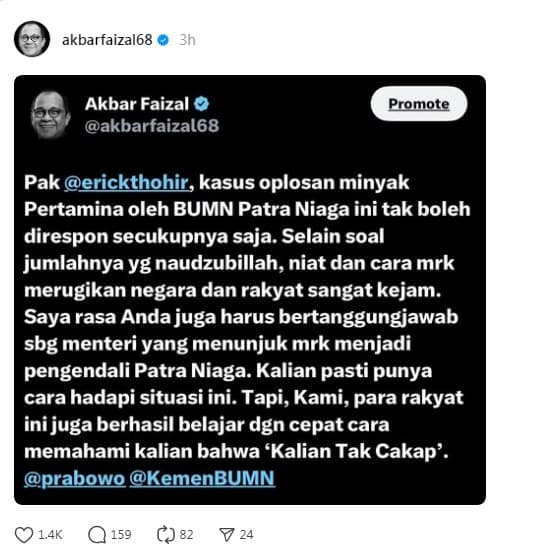 Kasus Korupsi Minyak Mentah Pertamina, Akbar Faizal Sentil Erick Thohir: Anda Juga Harus Bertanggung Jawab