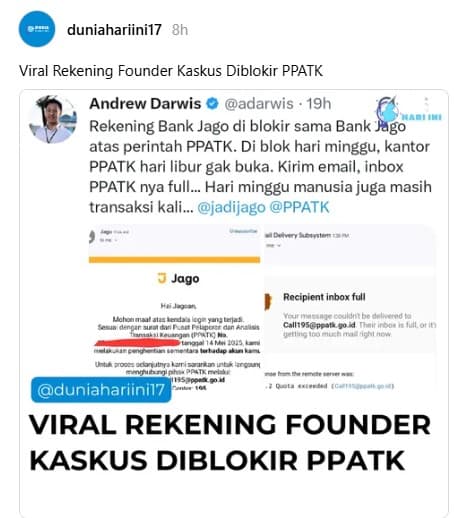 PPATK Blokir Massal Rekening Bank Jago, Founder Kaskus Ikut Jadi Korban. (Foto: Twitter)