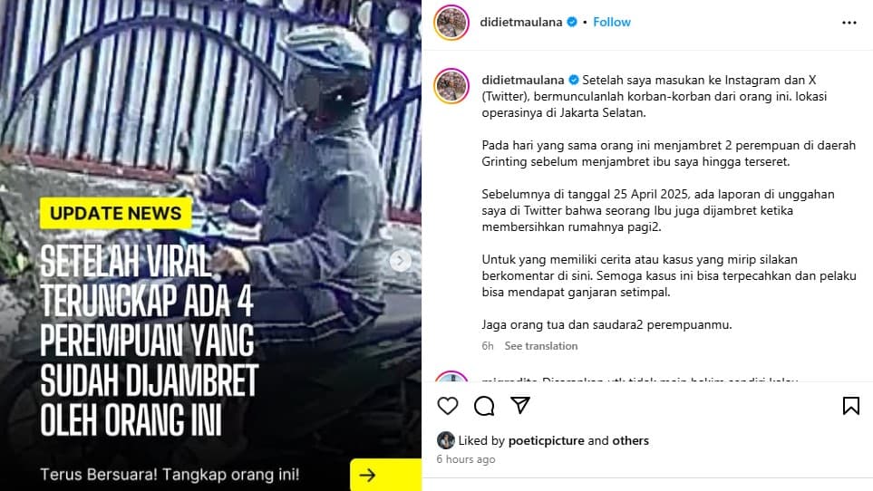 Ibu Desainer Didiet Maulana Jadi Korban Jambret, Sosok Pelaku Terungkap. (Foto: Instagram @didietmaulana)