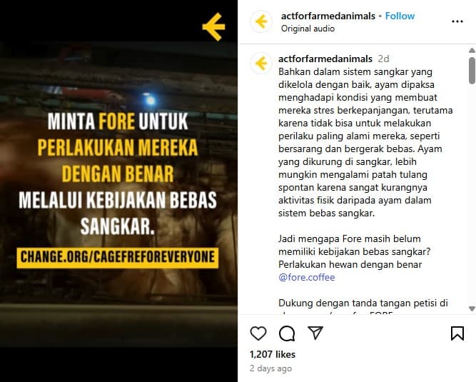 Act for Farmed Animals Ajak Publik Dukung Petisi. (Foto: Instagram)