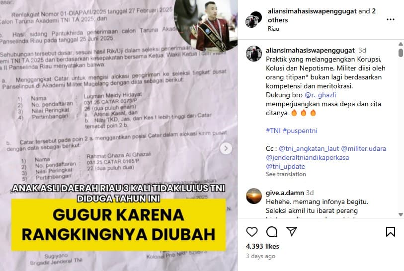 Heboh Calon Taruna Akmil di Riau Tiba-tiba Digantikan oleh Catar Lain, Diduga Titipan Jenderal TNI AL. (Foto: Instagram)