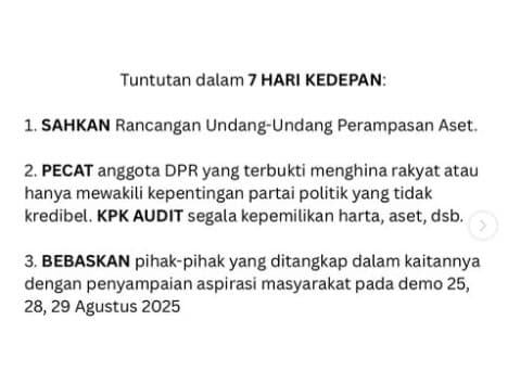 Menggema di Jagat Maya! Ini 12 Poin Tuntutan yang Diminta Rakyat Indonesia, Pemerintah Diberi Waktu hingga 5 September 2025