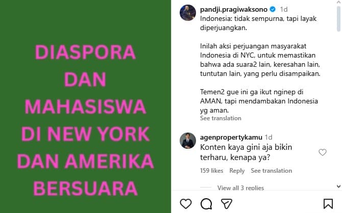 Viral Diaspora dan Mahasiswa Indonesia di AS Kompak Suarakan Kritik Pedas ke Pemerintah. (Foto: Instagram Pandji Pragiwaksono)