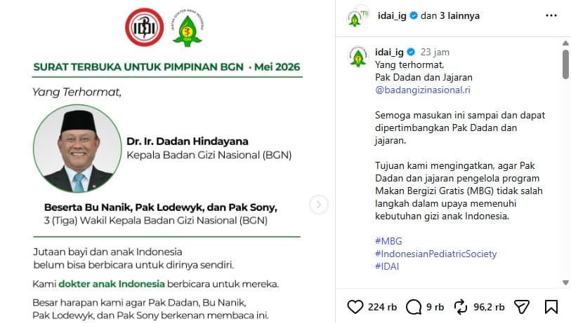 Viral Surat Terbuka IDAI untuk Pimpinan BGN, Kritik Kebijakan Distribusi Susu Formula di MBG. (Foto: Instagram)