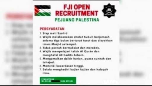 Selebaran rekrutmen jihad ke Palestina yang viral di media sosial Twitter. Selebaran rekrutmen jihad ke Palestina yang viral di media sosial Twitter.