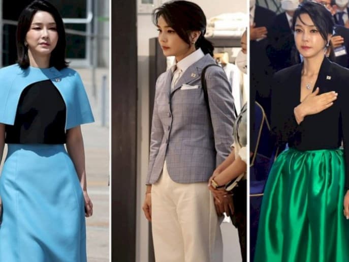 Gaya outfit ibu negara Korea Selatan. (Foto: Korea Times/Yonhap) Gaya outfit ibu negara Korea Selatan. (Foto: Korea Times/Yonhap)