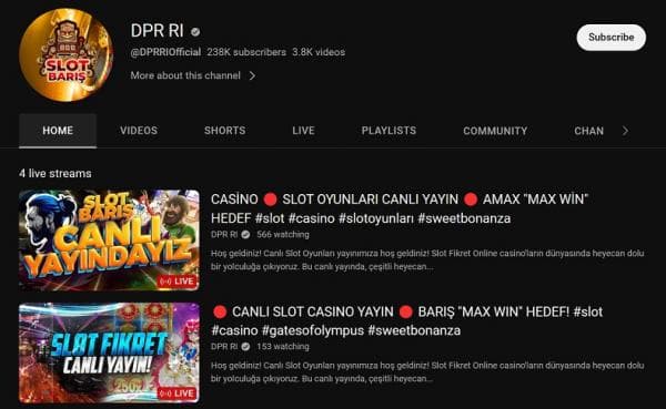 Akun YouTube DPR RI @DPRRIOfficial, terindikasi terkena hack tayangan live streaming judi online (Foto:Istimewa) Akun YouTube DPR RI @DPRRIOfficial, terindikasi terkena hack tayangan live streaming judi online (Foto:Istimewa)