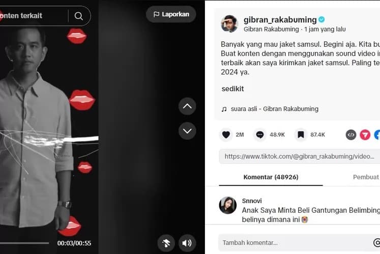 Gibran Rakabuming gelar lomba konten berhadiah jaket Samsul. (Foto: TikTok) Gibran Rakabuming gelar lomba konten berhadiah jaket Samsul. (Foto: TikTok)